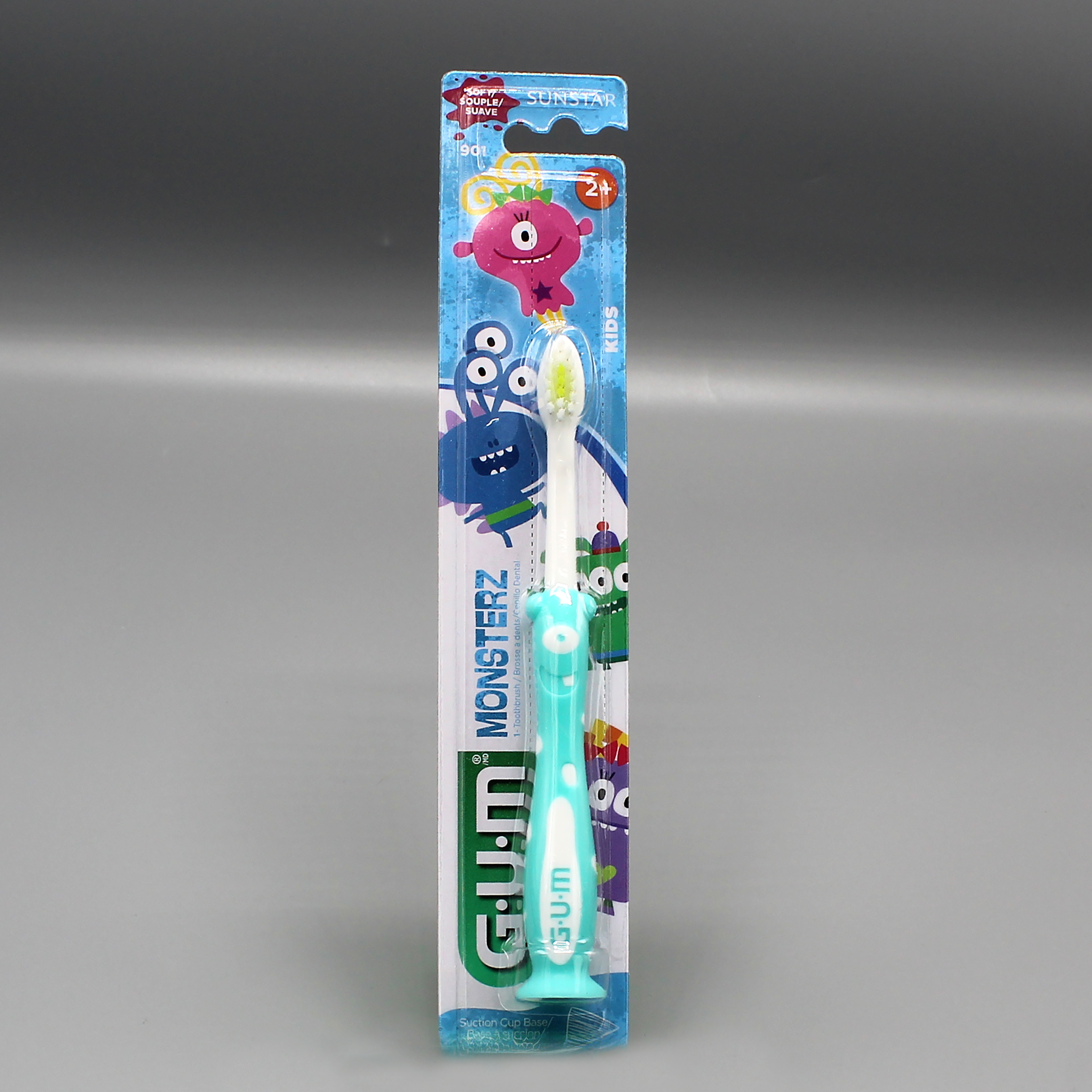 A fun GUM brand kids toothbrush for children ages 2 and up. It has a suction cup on the bottom so it can stand upright.
