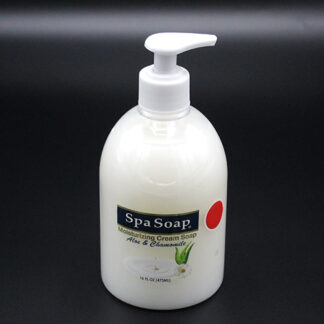 A bottle of hand soap, 14 fluid ounces, aloe and chamomile scent.