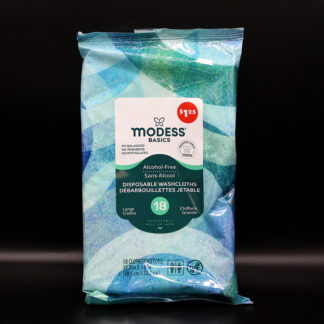 18 disposable washcloths, alcohol free, modess basics brand