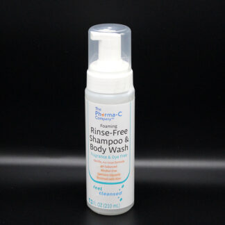 a bottle of rinse-free shampoo and body wash, pharma-c company brand